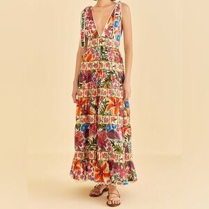 Farm Rio Off-White Tropical Yard Sleeveless Midi Dress